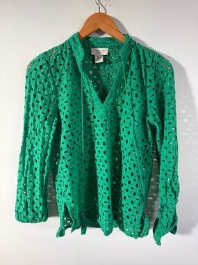 Calypso St. Barth Blouse Green Eyelet Lace 100% Cotton V-Neck Pullover XS